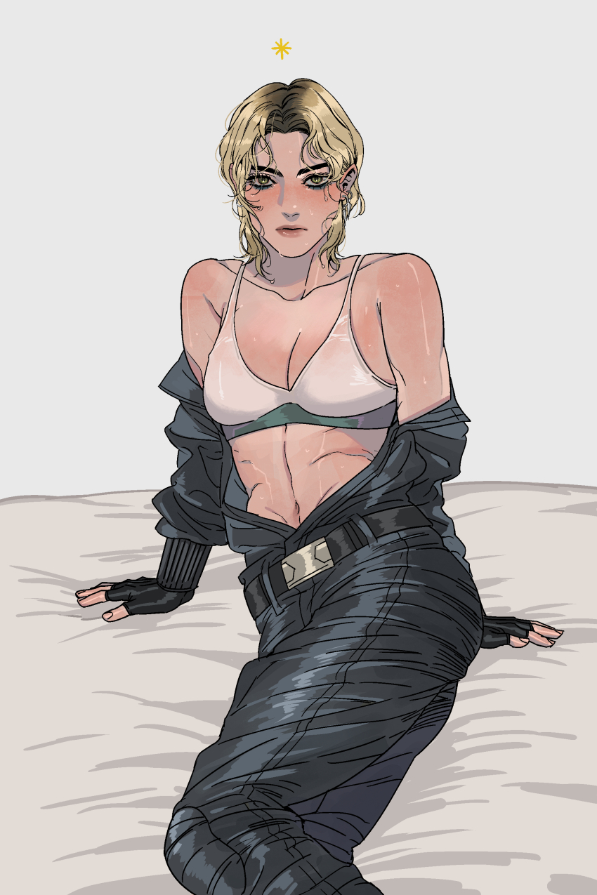 1girl, absurdres, animification, black_bodysuit, blonde_hair, bodysuit, bra, closed_mouth, fingerless_gloves, gloves, highres, looking_at_viewer, marvel, pinkteest, short_hair, simple_background, superhero_costume, thunderbolts_(movie), underwear, yelena_belova