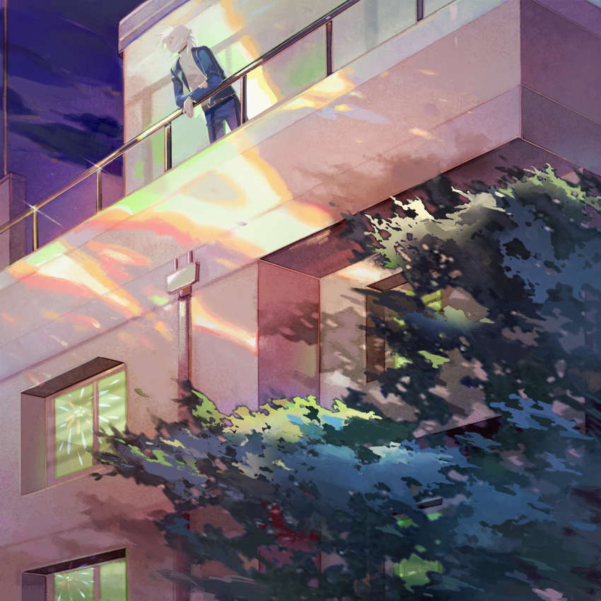 1178801032, 1boy, ai_the_somnium_files, belt, blue_jacket, blue_pants, building, fireworks