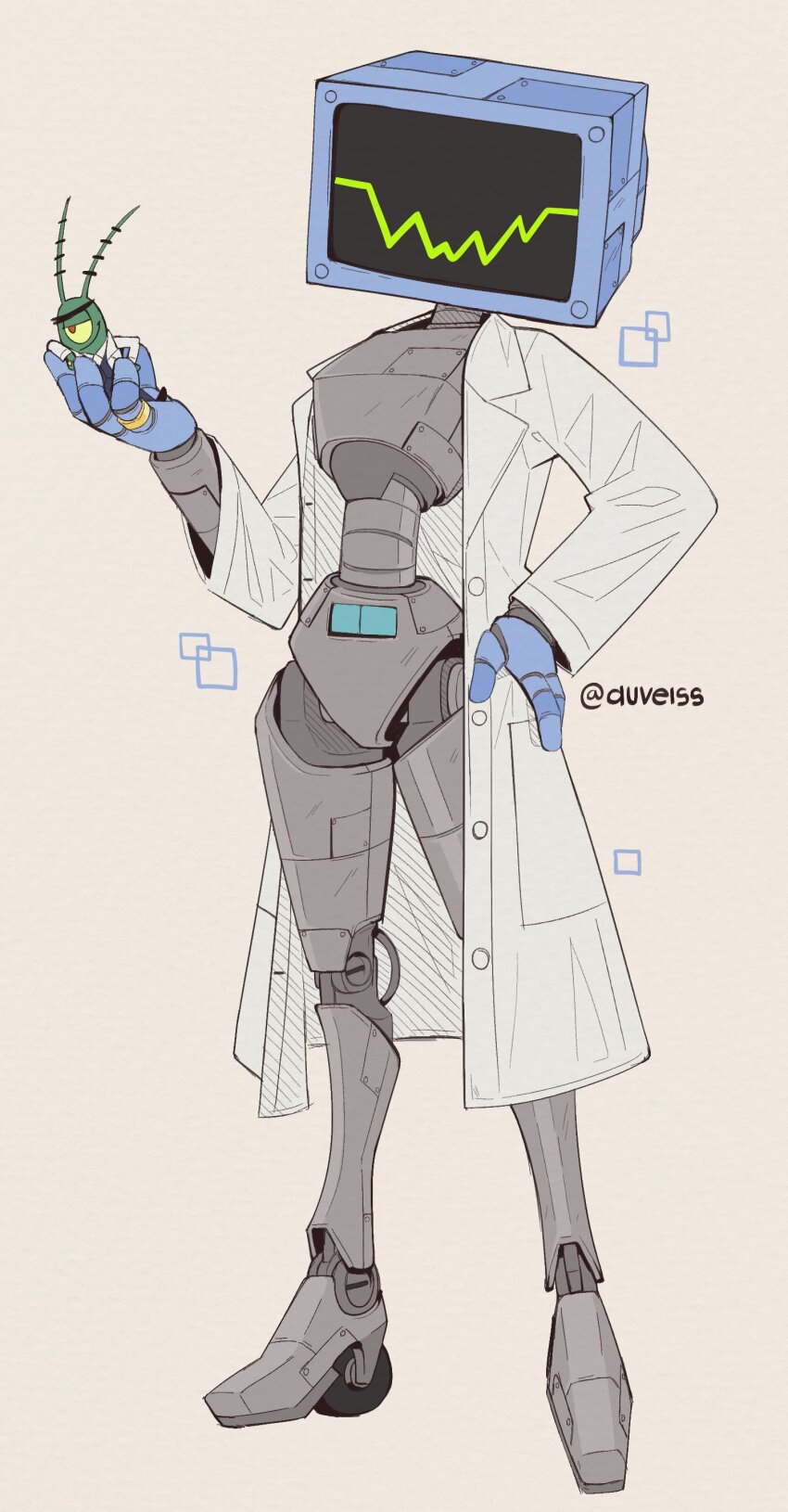 1boy, 1girl, absurdres, antennae, artist_name, auveiss, full_body, hand_on_own_hip, highres, husband_and_wife, joints, karen_(spongebob), lab_coat, one-eyed, plankton_(spongebob), robot, robot_girl, robot_joints, simple_background, spongebob_squarepants_(series), standing