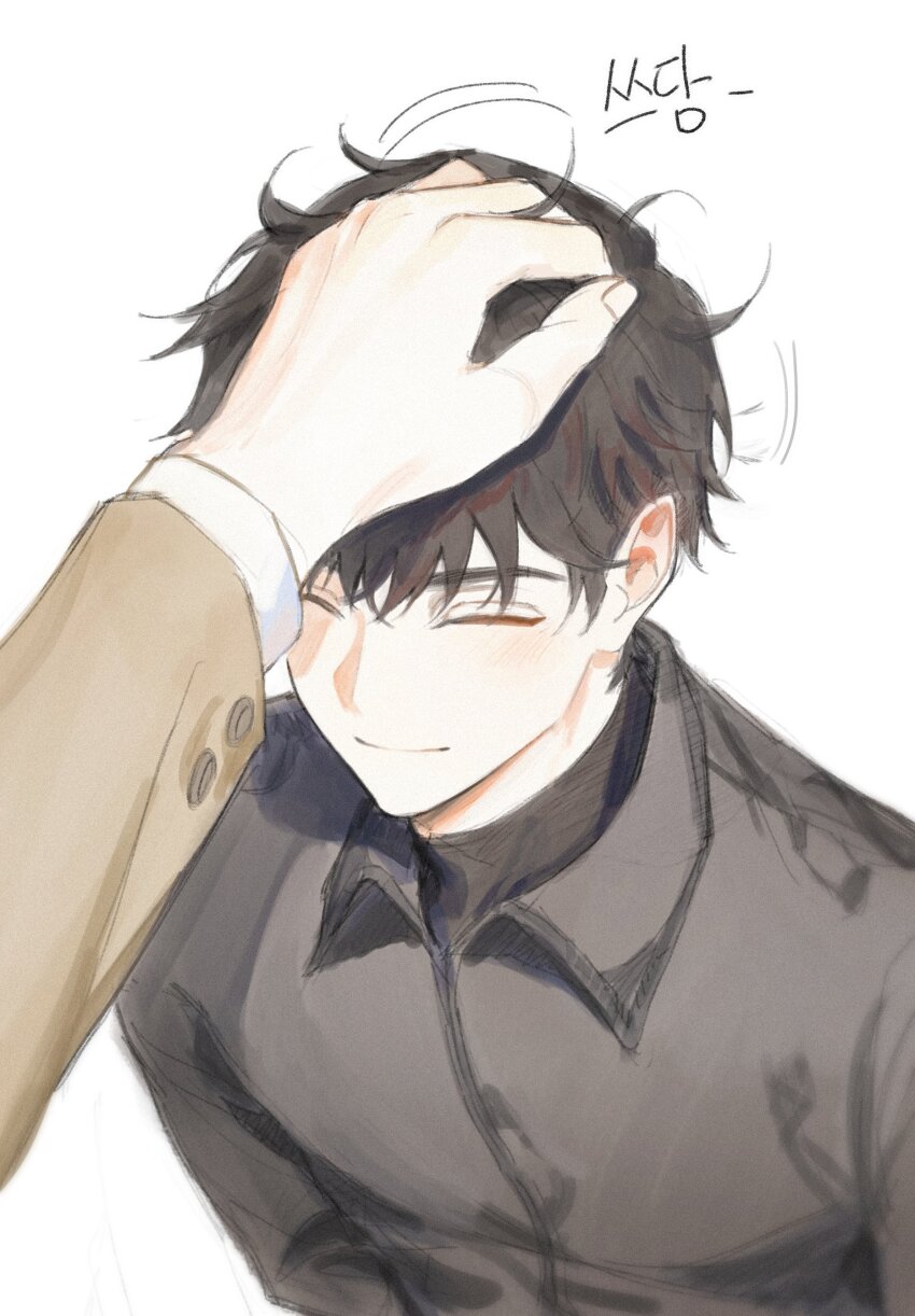 1boy, absurdres, ambiguous_gender, black_hair, black_shirt, choi_han, closed_eyes, closed_mouth