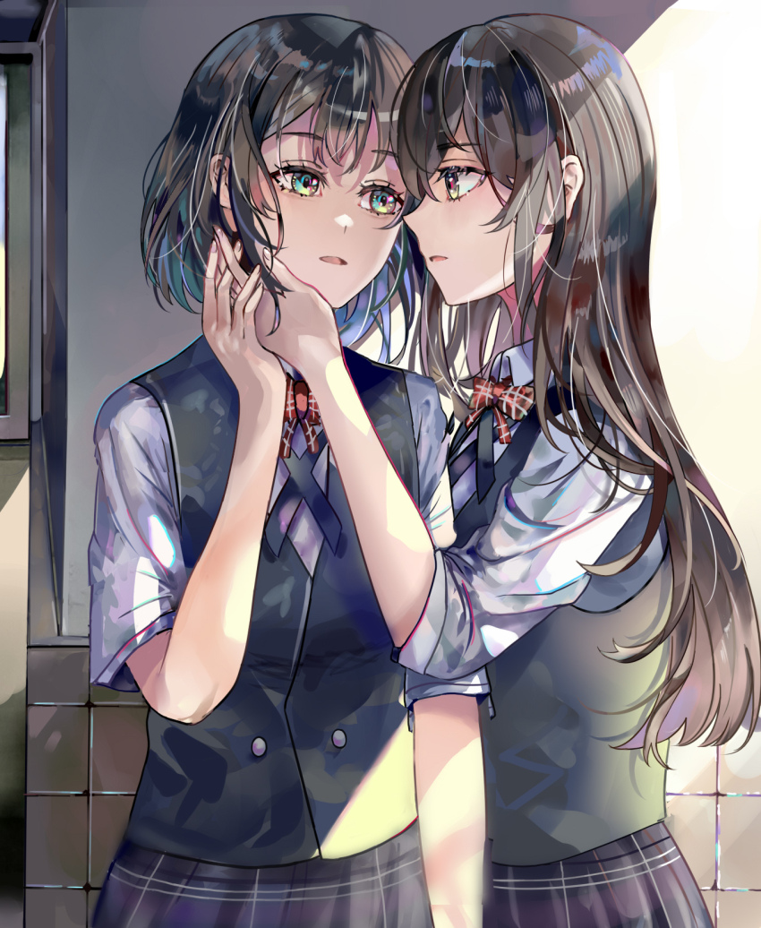 2girls, black_hair, black_skirt, black_vest, blue_hair, blue_shirt, bow, bowtie