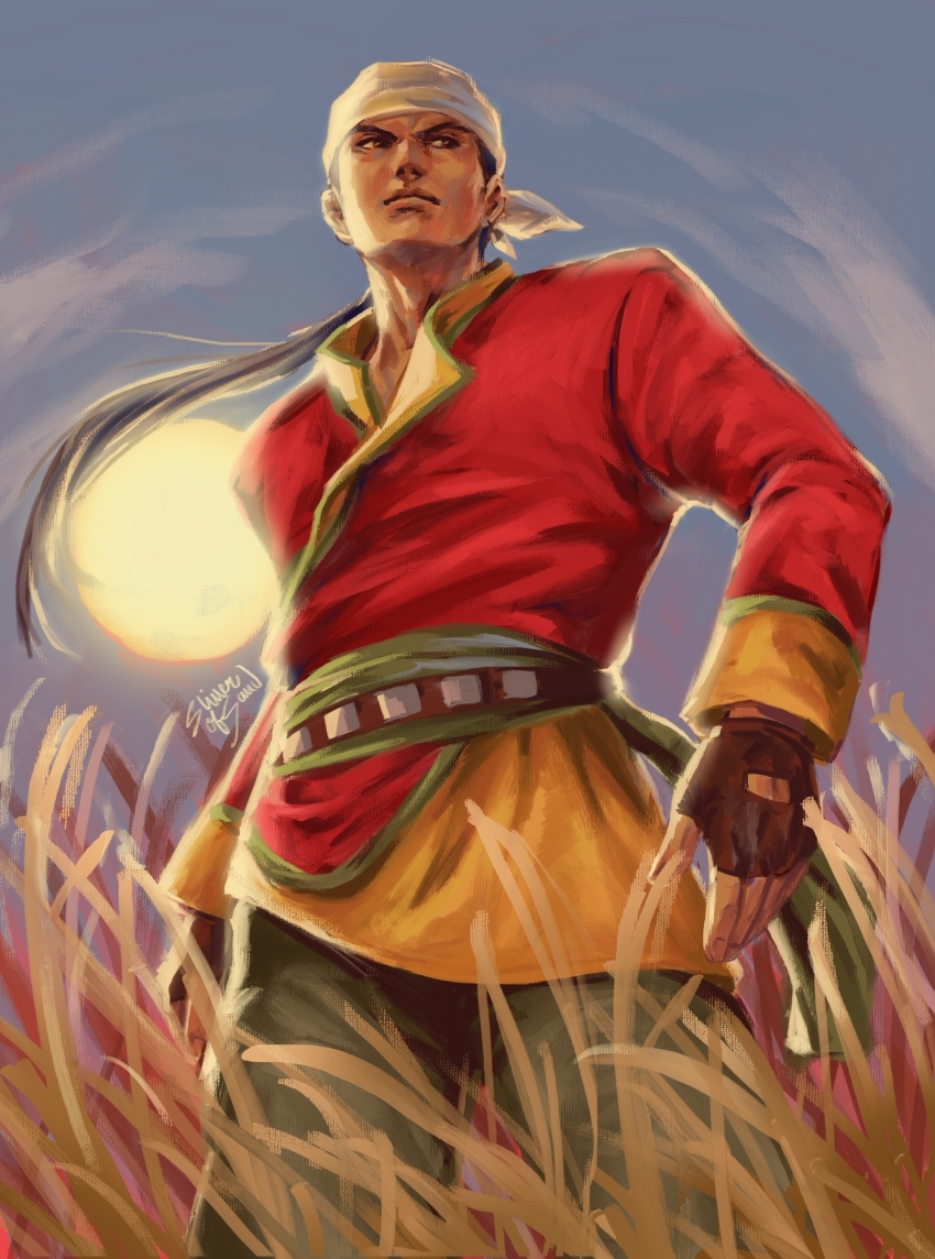 1boy, bandana, belt, black_hair, brown_belt, brown_eyes, brown_gloves, fingerless_gloves