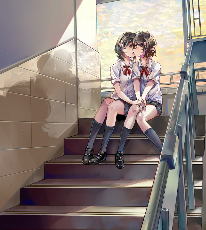 2girls, black_hair, black_shoes, black_skirt, black_socks, cloud, cloudy_sky, collarbone