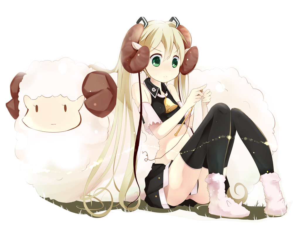 1girl, animal_ears, bare_shoulders, bell, blonde_hair, detached_sleeves, female_focus, green_eyes