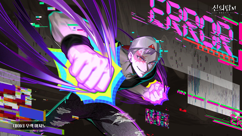 1boy, black_jacket, black_pants, blonde_hair, clenched_hands, earrings, error_message, facial_mark