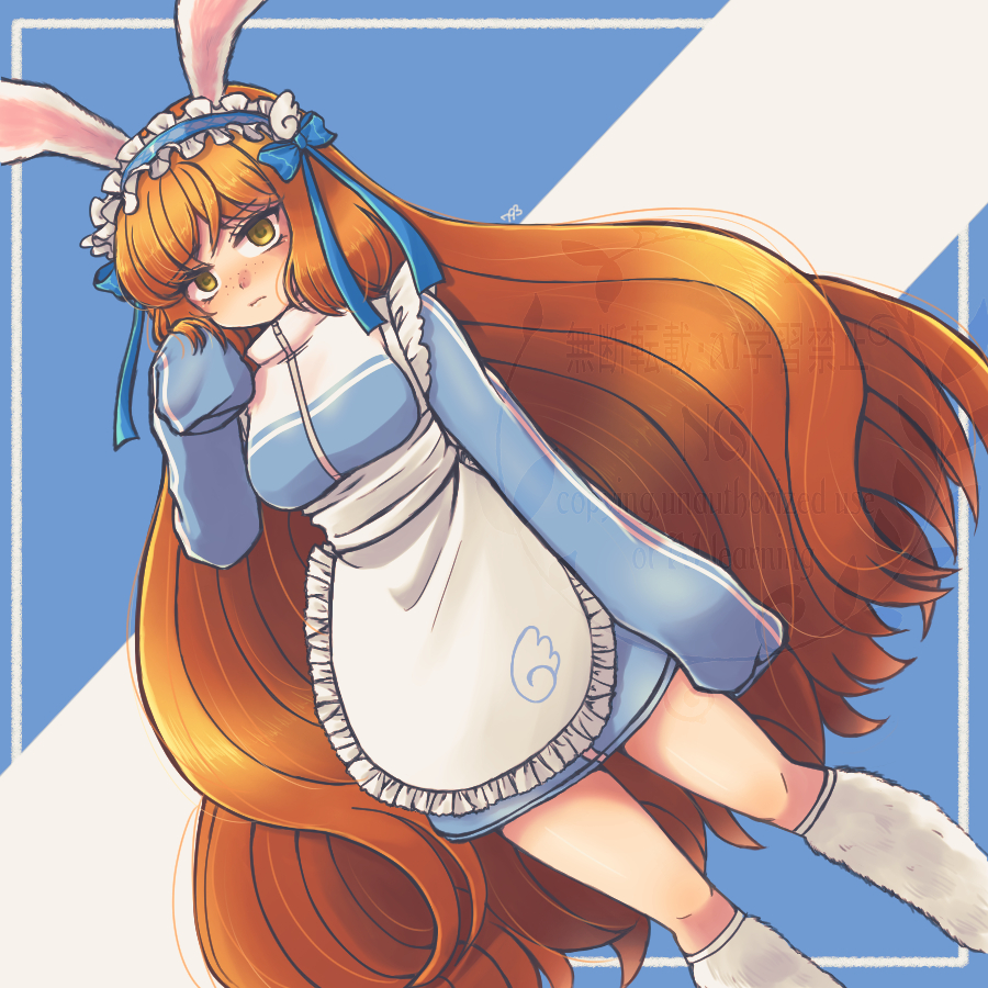 1girl, 793_(oo793oo), alternate_costume, animal_ears, apron, blue_background, blue_bow, blue_dress