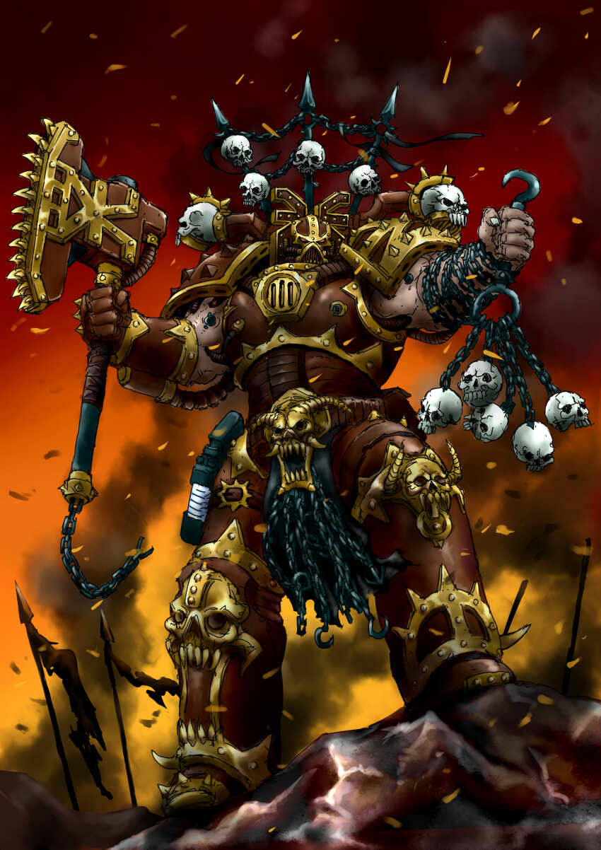 1boy, absurdres, adeptus_astartes, armor, axe, bolter, chain, chaos_space_marine