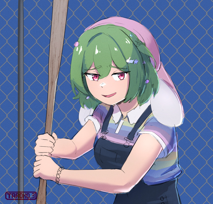 1girl, absurdres, animal_hat, baseball_cap, black_overalls, chain-link_fence, commentary, english_commentary