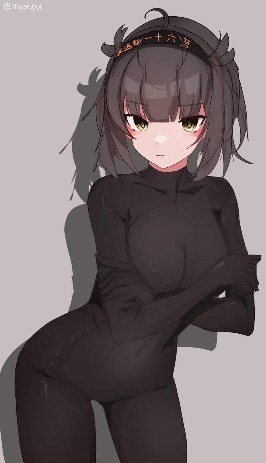1girl, black_bodystocking, black_bodysuit, black_gloves, bodystocking, bodystocking_only, bodysuit, bodysuit_only, elbow_gloves, gloves, hatsuzuki_(kancolle), highres, kantai_collection, looking_at_viewer, miron_(mirona33)