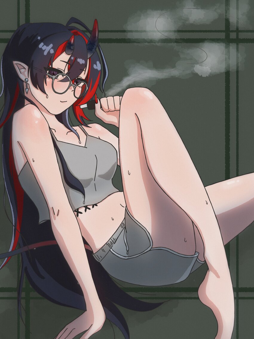 1girl, absurdres, alternate_costume, barefoot, black_hair, black_horns, blush, breasts