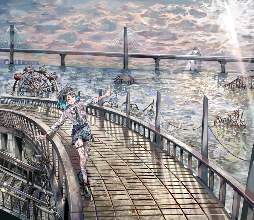 1girl, absurdres, black_hair, black_shoes, blue_hair, cable-stayed_bridge, chain, closed_eyes