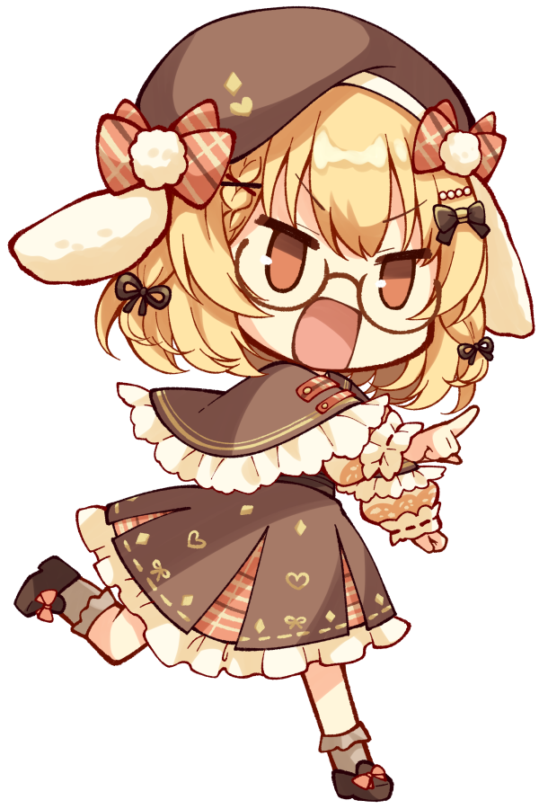 1girl, animal_ears, beret, blonde_hair, blush, brown-framed_eyewear, brown_capelet, brown_eyes