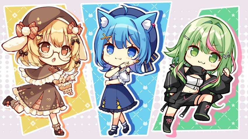 3girls, ahoge, animal_ear_fluff, animal_ear_piercing, animal_ears, bandeau, beret, black_boots