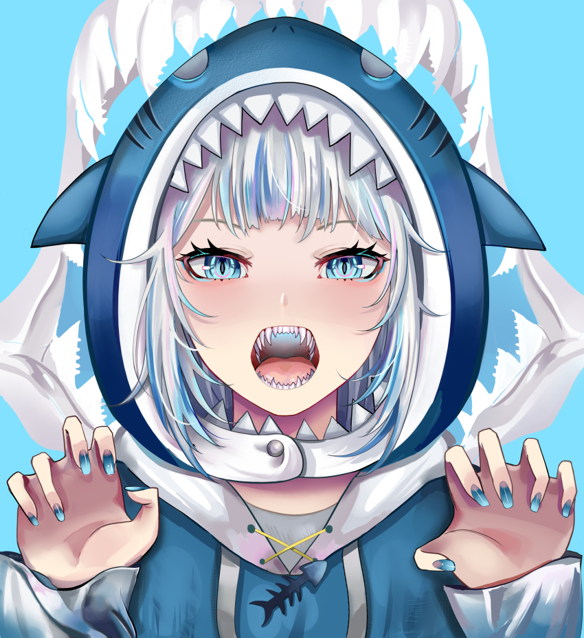 1girl, absurdres, animal_hood, blue_background, blue_eyes, blue_hair, blue_hoodie, blue_nails