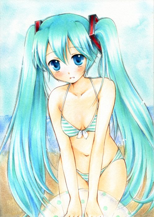 1girl, aqua_eyes, aqua_hair, beach, bikini, blush, breasts, female_focus