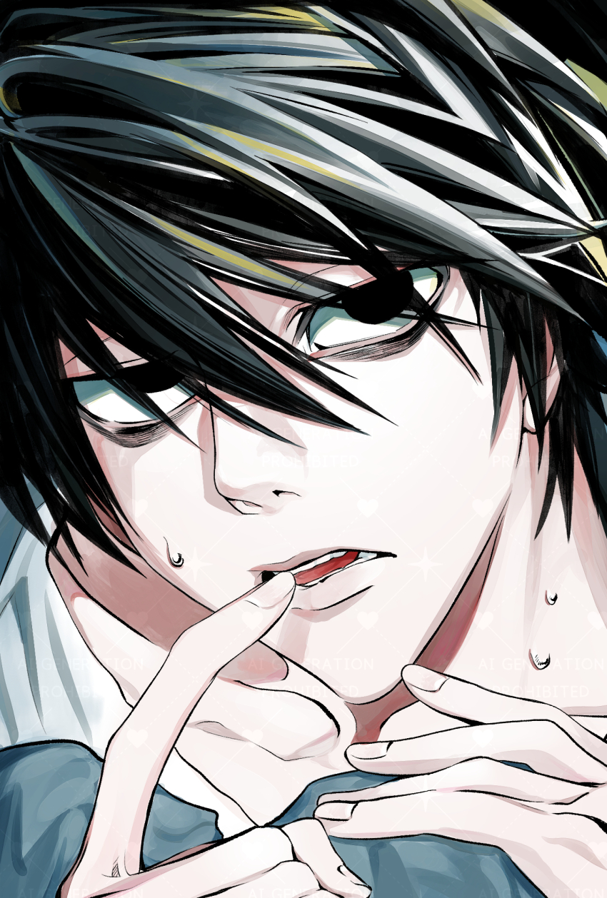 1boy, bags_under_eyes, black_eyes, black_hair, blue_pants, close-up, death_note, finger_to_mouth