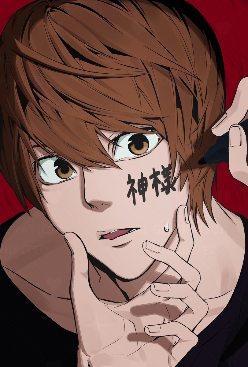 1boy, ambiguous_gender, black_shirt, body_writing, brown_eyes, brown_hair, collarbone, death_note, drawing_on_another's_face, fingernails, hand_on_another's_face, highres, konoko-tachi_(107omoide), male_focus, marker, open_mouth, pov, pov_hands, red_background, shirt, short_hair, simple_background, teeth, tongue, translation_request, yagami_light