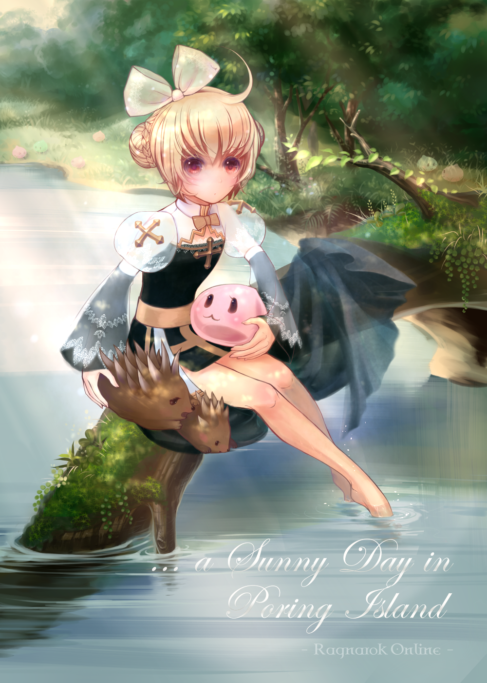 1girl, :3, ahoge, arch_bishop_(ragnarok_online), barefoot, black_dress, blonde_hair, blush