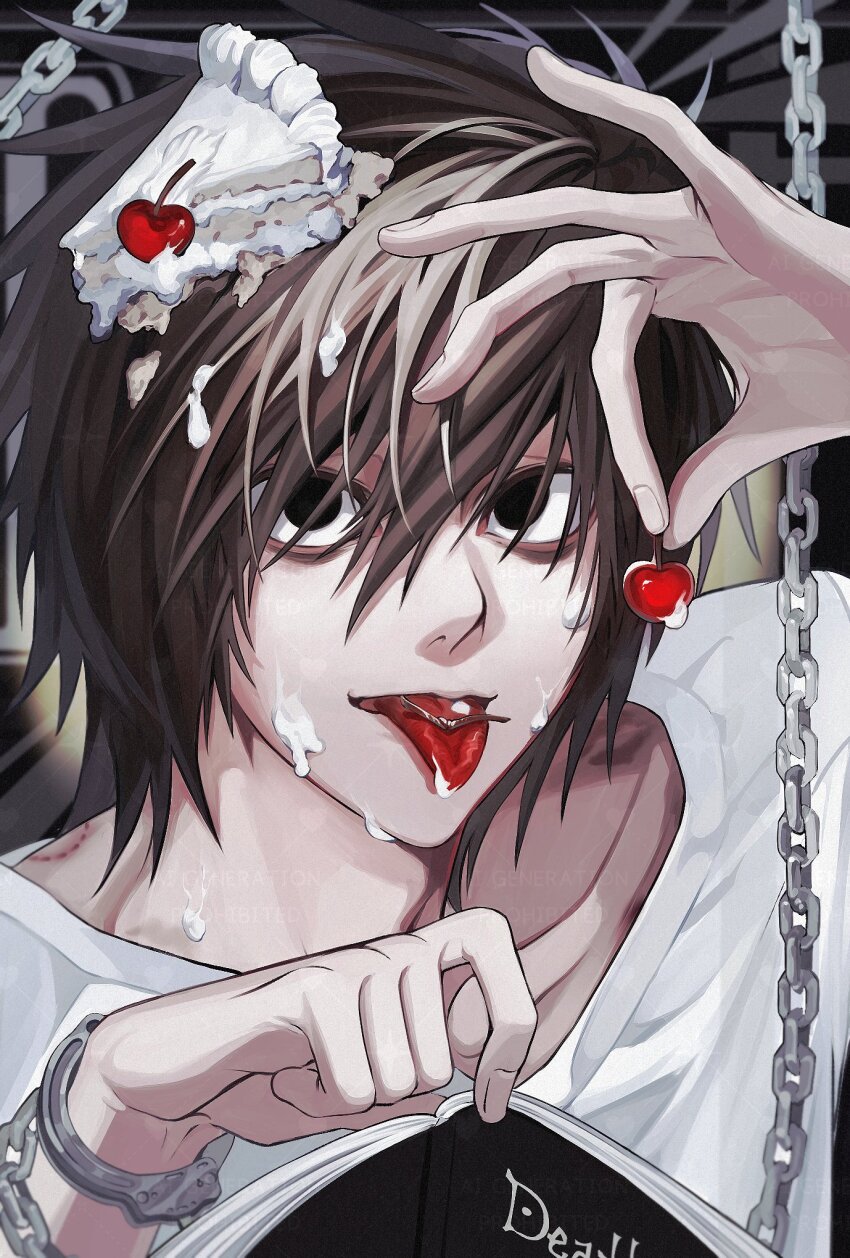 1boy, bags_under_eyes, bite_mark, bite_mark_on_shoulder, black_eyes, brown_hair, cake, cake_on_head