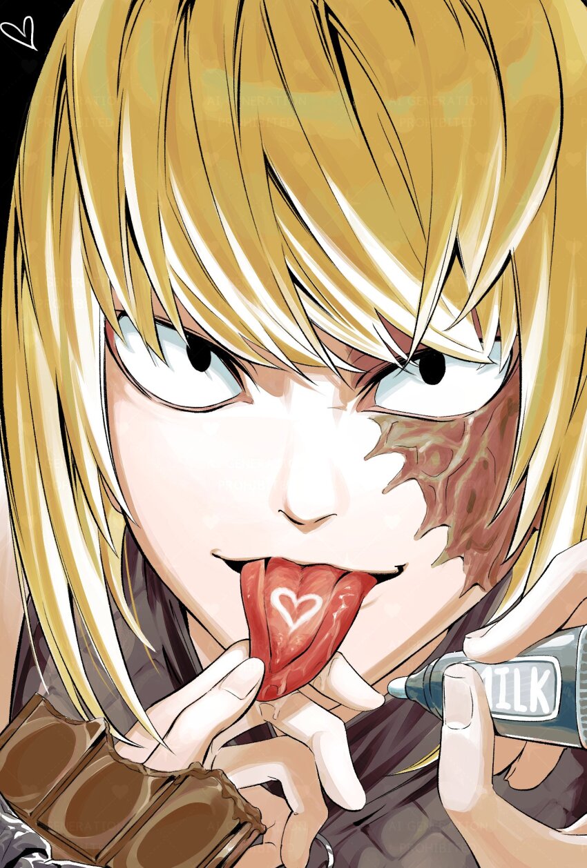 1boy, ambiguous_gender, black_background, blonde_hair, close-up, death_note, heart, highres