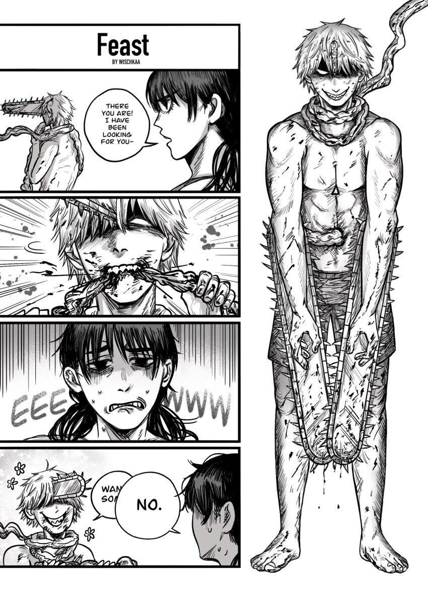 1boy, 1girl, chainsaw, chainsaw_man, denji_(chainsaw_man), english_text, greyscale, highres