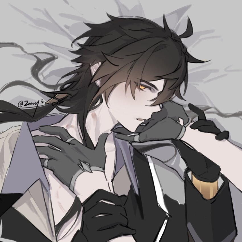 2boys, caressing_cheek, genshin_impact, hand_on_another's_neck, hickey, hickeys_on_neck, highres, lying