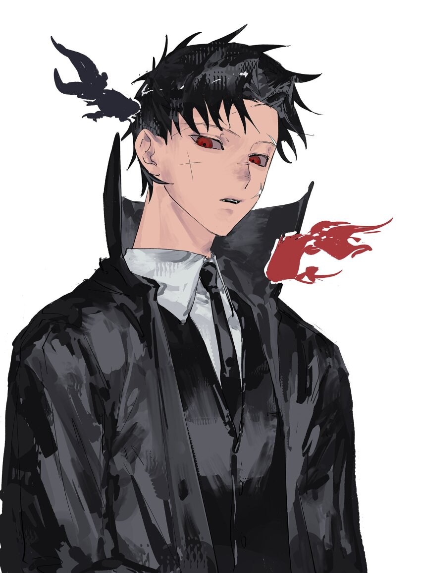 1boy, black_coat, black_hair, black_suit, coat, collared_shirt, formal_clothes, highres