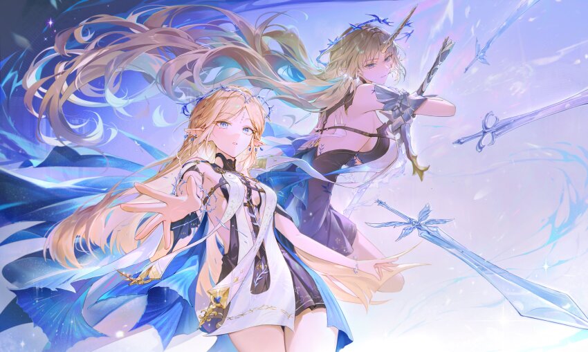 2girls, absurdres, bare_shoulders, bina_(sebin_13), black_collar, black_dress, blonde_hair, blue_eyes