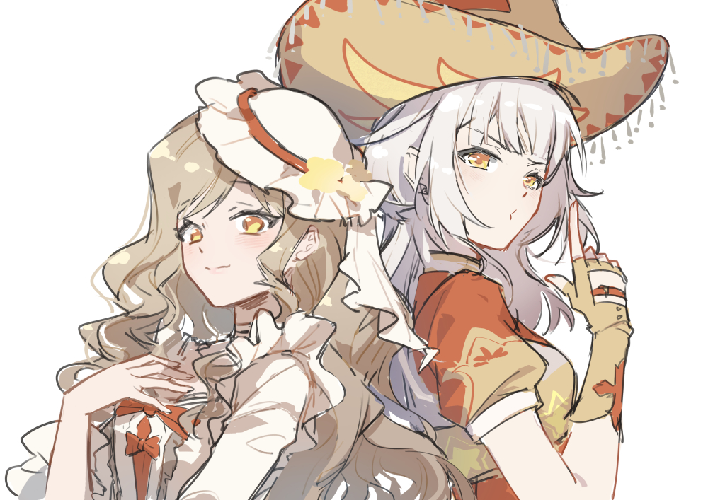 2girls, adventure_ride_(infinity_nikki), back-to-back, blowing, bow, bow_button, bowtie, brown_gloves, brown_hair, brown_hat, brown_vest, cat_princess, center_frills, chinese_commentary, choker, closed_mouth, commentary_request, cowboy_hat, cowgirl_(western), dream_banquet_(infinity_nikki), dress, eyelashes, finger_gun, fingerless_gloves, fingernails, flower, formal_clothes, frilled_dress, frilled_headwear, frilled_sleeves, frills, fringe_trim, gloves, hand_on_own_chest, hat, hat_flower, height_difference, infinity_nikki, light_blush, lips, long_hair, long_sleeves, looking_at_viewer, making-of_available, mini_hat, multiple_girls, nikki_(series), o3o, pink_lips, puffy_short_sleeves, puffy_sleeves, red_bow, red_bowtie, red_shirt, shirt, short_sleeves, sidelocks, simple_background, smile, star_(symbol), star_print, swept_bangs, three-quarter_sleeves, upper_body, veil, very_long_hair, vest, wavy_hair, white_background, white_choker, white_dress, white_hair, white_hat, white_veil, yellow_eyes, yellow_flower