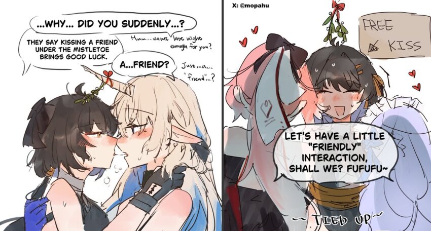 4girls, black_gloves, black_hair, blonde_hair, blue_eyes, blue_gloves, blush, cantarella_(wuthering_waves), changli_(wuthering_waves), closed_eyes, commentary, english_commentary, english_text, female_rover_(wuthering_waves), fleurdelys_(wuthering_waves), gloves, heart, horns, long_hair, looking_at_another, mistletoe, mopa_huhu, multiple_girls, open_mouth, pink_hair, pointy_ears, purple_hair, rover_(wuthering_waves), saliva, saliva_trail, simple_background, single_horn, speech_bubble, sweat, twitter_username, white_background, wuthering_waves, yuri