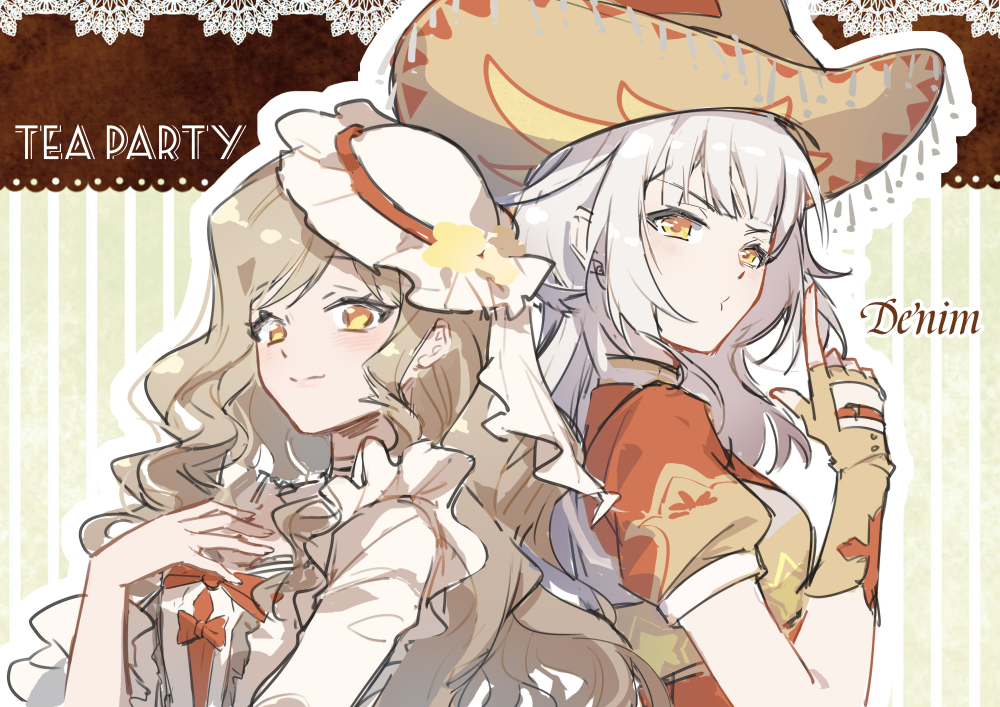 2girls, adventure_ride_(infinity_nikki), back-to-back, blowing, bow, bow_button, bowtie, brown_gloves