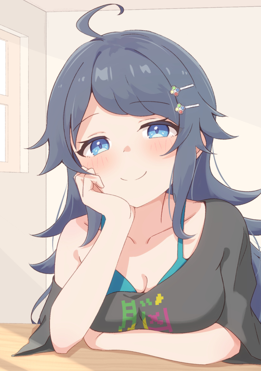 1girl, ahoge, blue_eyes, blue_hair, blush, breasts, cleavage, closed_mouth