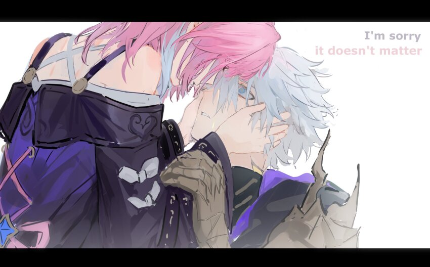 1boy, 1girl, black_border, blue_eyes, border, cyrene_(philia093)_(honkai:_star_rail), cyrene_(honkai:_star_rail), english_text