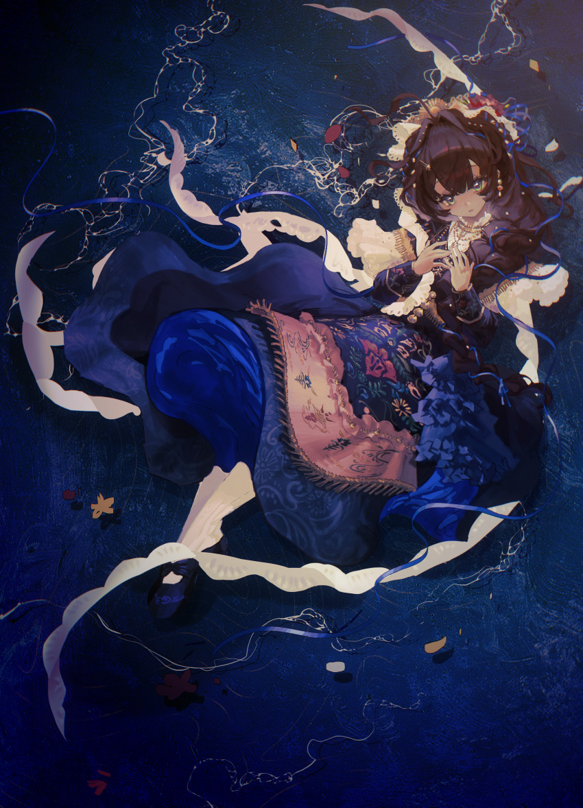 1girl, absurdres, black_cloak, black_dress, black_hair, black_shoes, blue_eyes, cloak