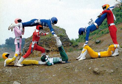 cosplay, denshi_sentai_denziman, denzi_blue, denzi_green, denzi_pink, denzi_red, denzi_yellow, lowres, photo_(medium), rock, sand, super_sentai, taiyou_sentai_sun_vulcan, tree, vul_eagle, vul_panther, vul_shark, what, you're_doing_it_wrong