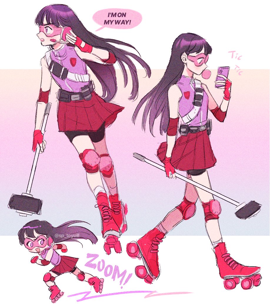 1girl, blowing_bubble_gum, call_girl, cellphone, chewing_gum, gloves, iphone, multiple_views, open_mouth, phone, purple_eyes, roller_skates, skates, skirt, smartphone, solo, south_park, sp_toyoill, wendy_testaburger