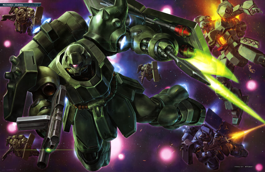 absurdres, army, artist_request, battle, beam_rifle, cable, char's_counterattack, energy_gun, explosion, fleet, geara_doga, geara_doga_(rezin_schnyder_custom), gundam, gundam_perfect_file, highres, machinery, mecha, mecha_focus, official_art, one-eyed, panzerfaust, realistic, robot, scan, science_fiction, shield, shoulder_spikes, space, spikes, thrusters, traditional_media, vernier_thrusters, weapon, zero_gravity