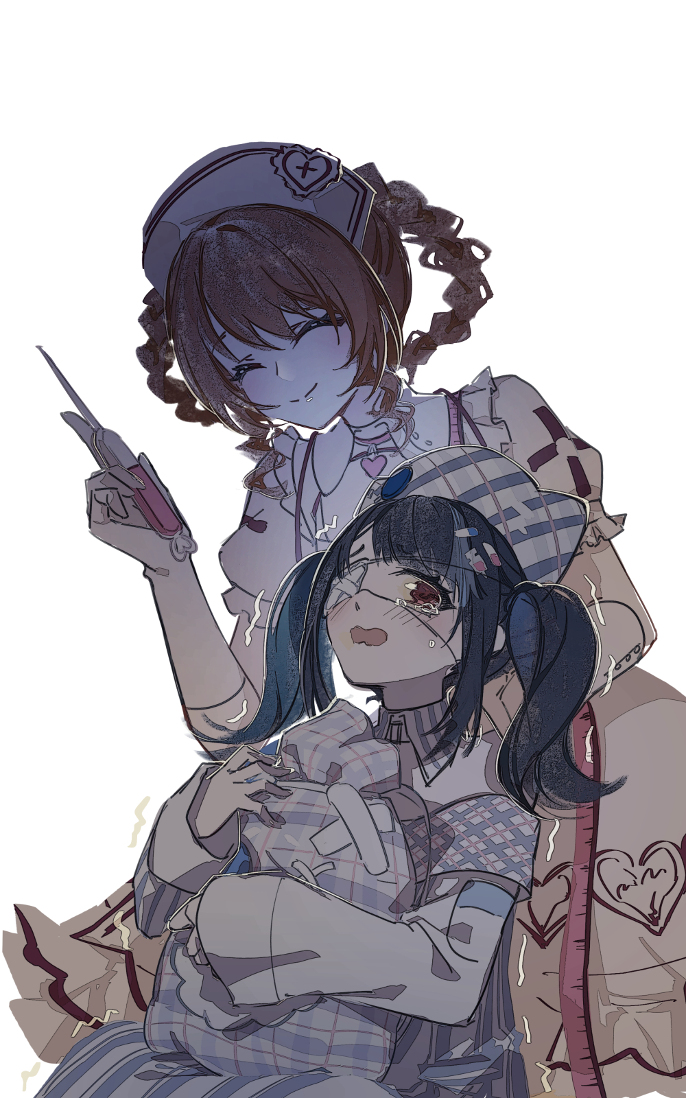 2girls, ^_^, animal_ear_headwear, animal_ears, bare_shoulders, beanie, black_hair, blonde_hair