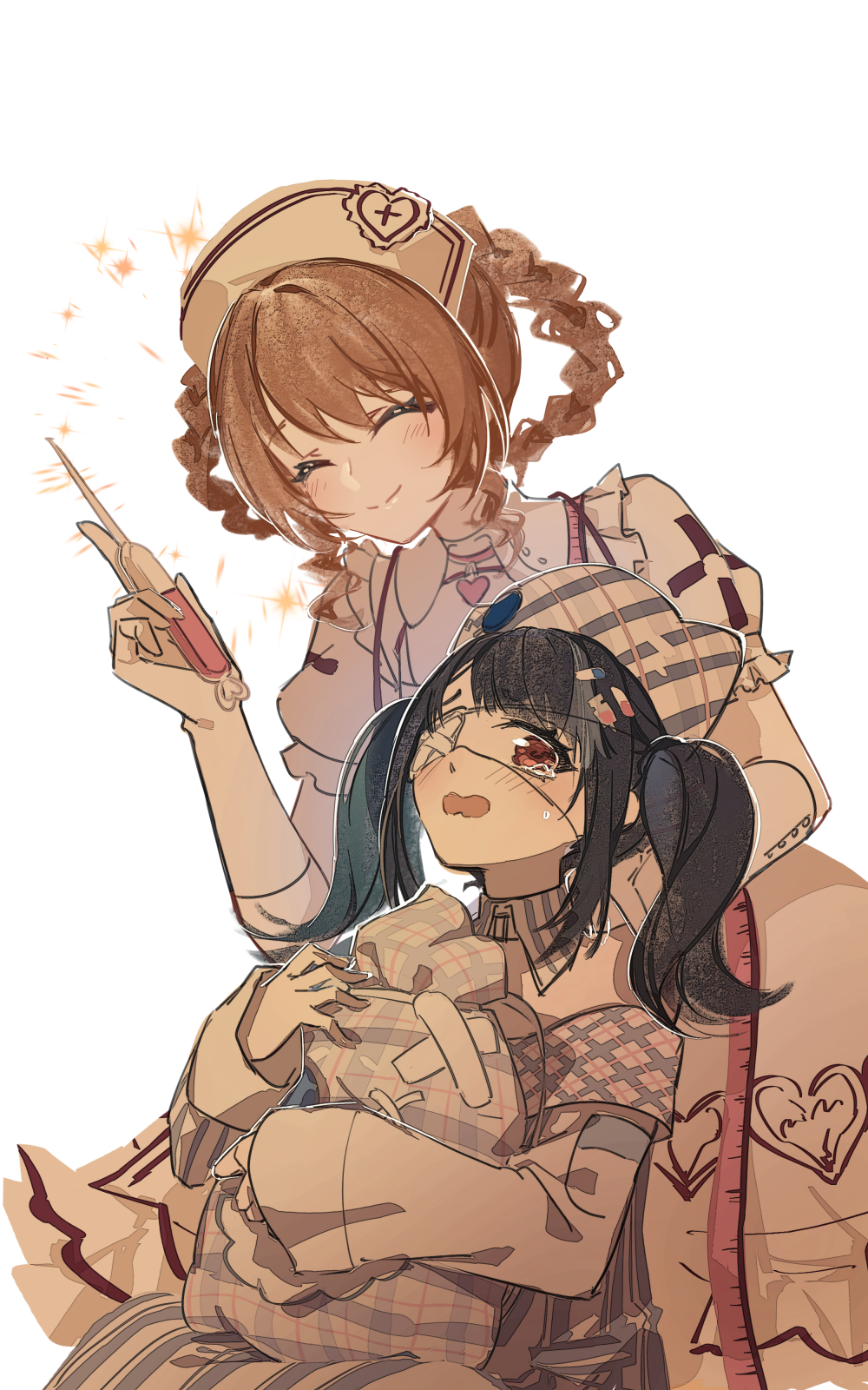 2girls, ^_^, animal_ear_headwear, animal_ears, bare_shoulders, beanie, black_hair, blonde_hair, blunt_bangs, braid, braided_hair_rings, breasts, buttons, cat_princess, chinese_commentary, choker, cleavage, cleavage_cutout, closed_eyes, closed_mouth, clothing_cutout, collar, collared_dress, commentary_request, cowboy_shot, crossed_bandaids, crying, crying_with_eyes_open, detached_collar, dot_nose, dress, esseling_(infinity_nikki), eyepatch, fake_animal_ears, frilled_dress, frilled_sleeves, frills, gloves, grey_collar, grey_dress, grey_hair, grey_hat, hair_ornament, hair_rings, hairclip, hand_on_another's_shoulder, happy, hat, hat_ornament, heart, heart_choker, heart_hat_ornament, heart_print, highres, holding, holding_ruler, holding_syringe, hug, infinity_nikki, leaning_forward, light_blush, long_hair, long_sleeves, looking_at_another, making-of_available, medical_eyepatch, medium_dress, multicolored_hair, multiple_girls, nikki_(series), notice_lines, nurse_cap, off-shoulder_dress, off_shoulder, open_mouth, parted_bangs, pill_hair_ornament, pink_choker, pink_eyes, plaid_hat, puffy_short_sleeves, puffy_sleeves, quirky_idea_(infinity_nikki), ruler, sad_sack_(infinity_nikki), scared, short_hair, short_sleeves, simple_background, sitting, sleeve_cuffs, sleeves_past_wrists, smile, sparkle, streaked_hair, striped_clothes, striped_dress, sweet_diagnosis_(infinity_nikki), syringe, syringe_hair_ornament, teardrop, tears, twintails, two-tone_collar, two-tone_dress, two-tone_hair, upturned_eyes, vertical-striped_clothes, vertical-striped_collar, vertical-striped_dress, wavy_mouth, white_background, white_collar, white_dress, white_gloves, white_hat