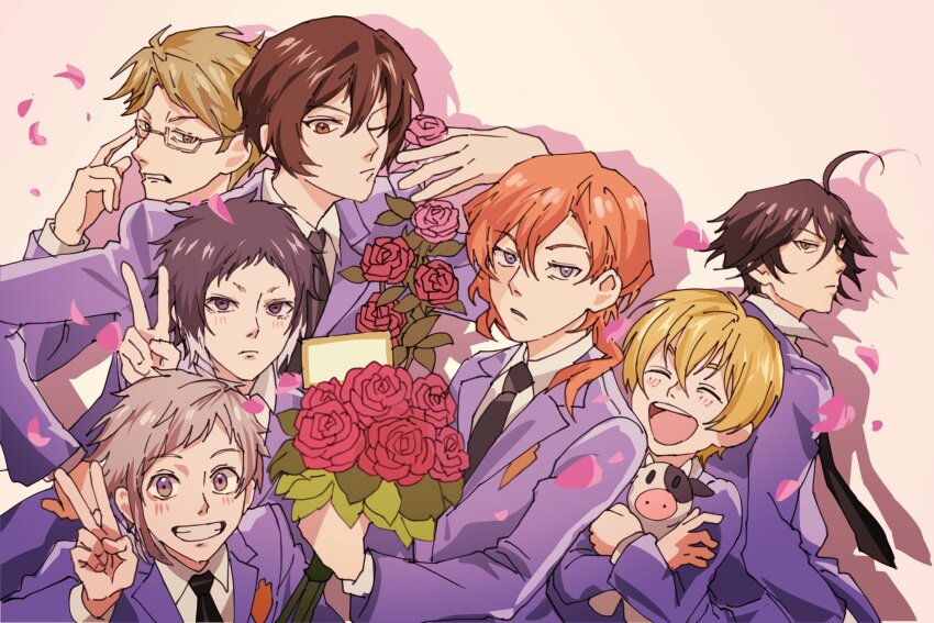 6+boys, adjusting_eyewear, ahoge, akutagawa_ryuunosuke_(bungou_stray_dogs), alternate_costume, black_eyes, black_hair, black_necktie