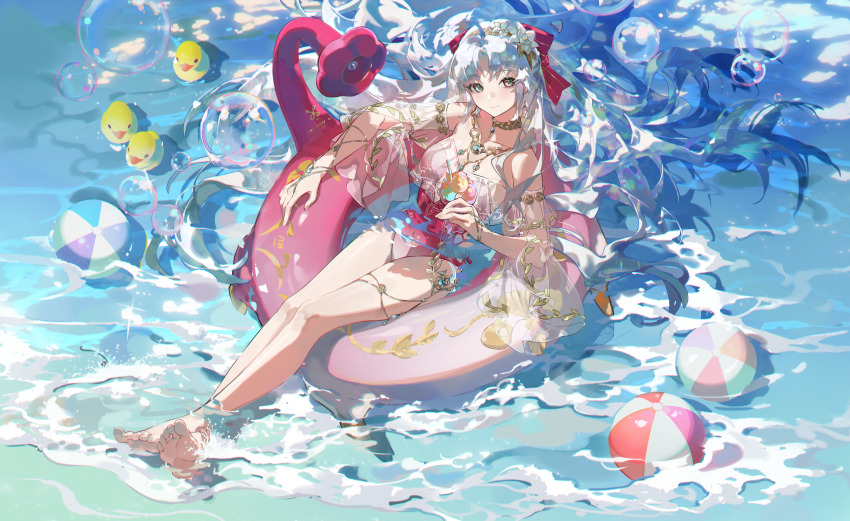 1girl, absurdres, ahoge, aqua_eyes, ball, bare_legs, bare_shoulders, barefoot