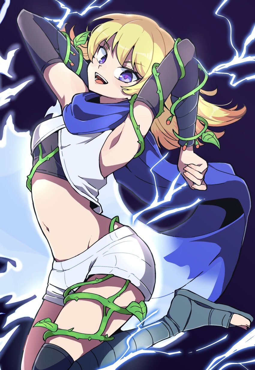 1girl, absurdres, arms_behind_head, blonde_hair, blue_scarf, electricity, gradient_hair, highres