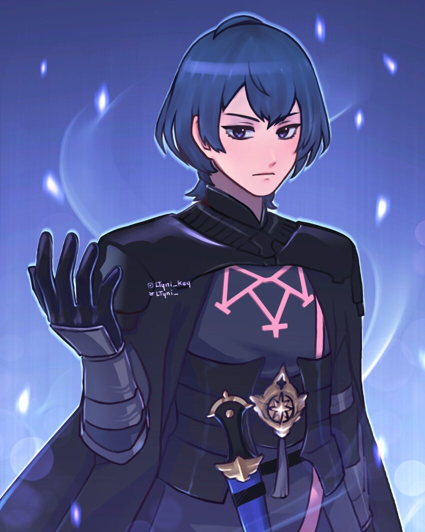 1boy, armor, armored_gloves, artist_name, black_armor, black_cape, black_gloves, blue_eyes, blue_hair, cape, closed_mouth, dagger, emblem_(fire_emblem_engage), fire_emblem, fire_emblem:_three_houses, fire_emblem_engage, gloves, hand_up, highres, knife, long_sleeves, male_byleth_(fire_emblem), male_focus, nintendo, serious, short_hair, skeyme, standing, twitter_username, upper_body, watermark, weapon