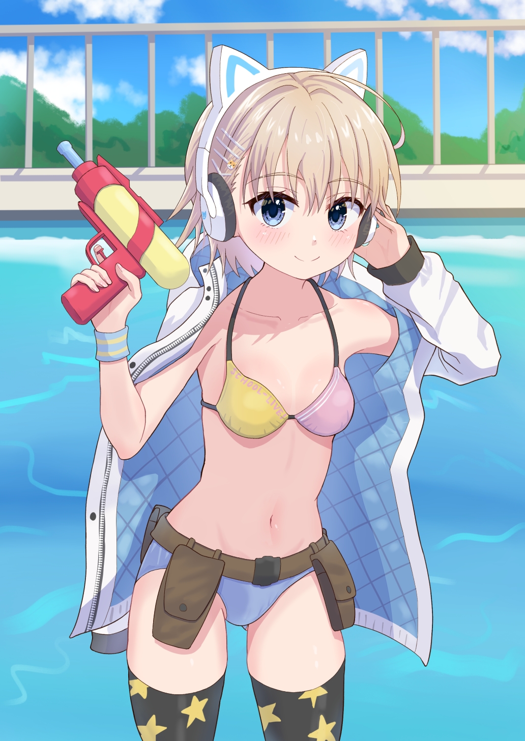 animal_ear_headphones, animal_ears, arm_out_of_sleeve, belt_pouch, bikini, blonde_hair, blue_eyes, blue_jacket