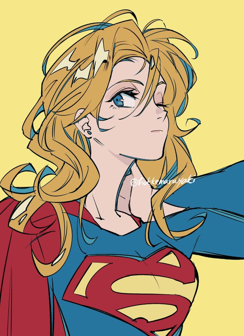 1girl, artist_name, blonde_hair, blue_eyes, cape, dc_comics, highres, hokkemaruyaki