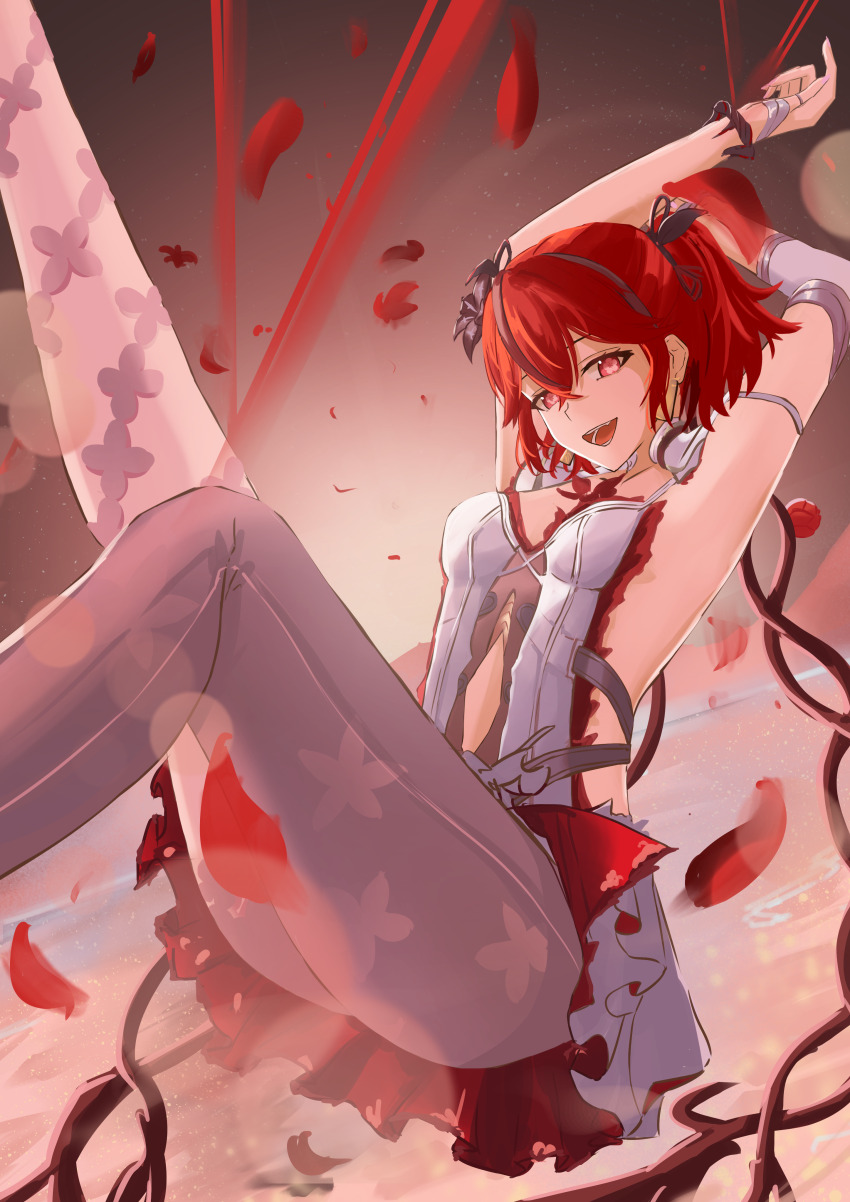 1girl, absurdres, arms_up, black_flower, blake_bloom_(wuthering_waves), breasts, camellya_(wuthering_waves), collar