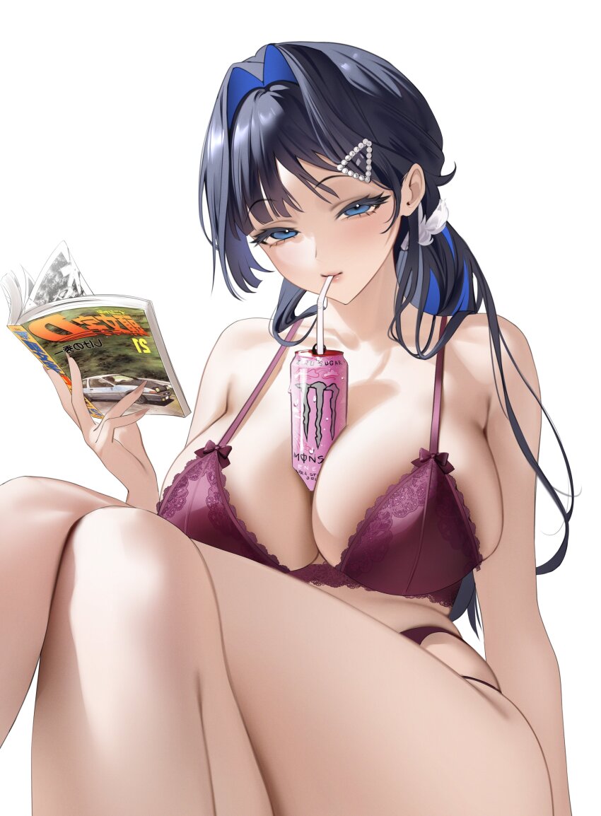 1girl, absurdres, alternate_hairstyle, black_hair, blue_eyes, blue_hair, book, bra