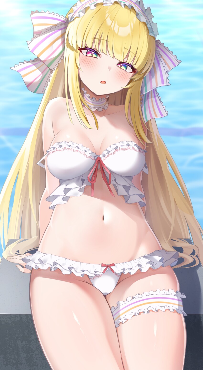1girl, absurdres, arm_support, bemani, bikini, black_bikini, blonde_hair, breasts