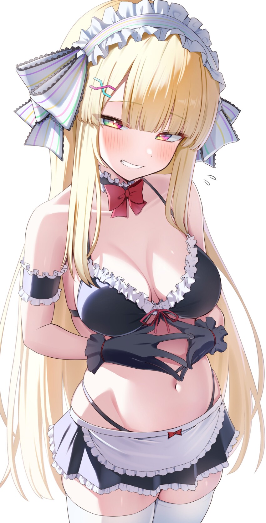 1girl, absurdres, apron, bemani, bikini, blonde_hair, blush, breasts