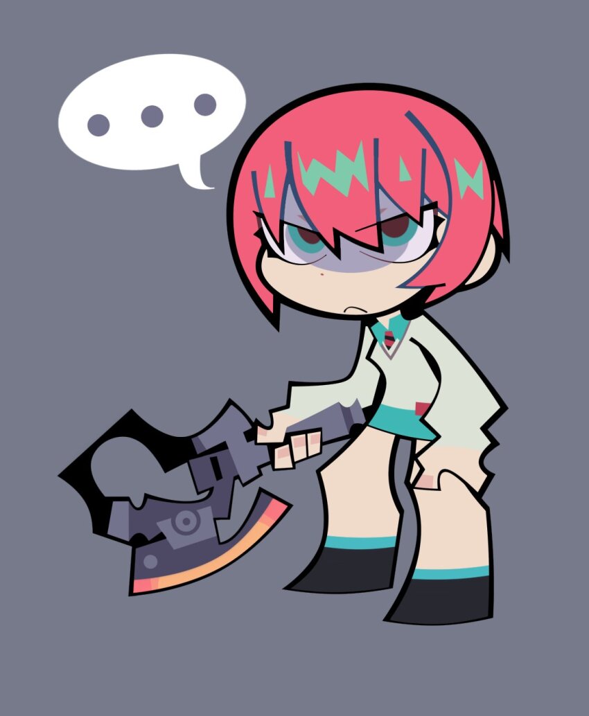 ..., 1girl, amate_yuzuriha, aqua_eyes, aqua_shirt, aqua_skirt, chibi, frown